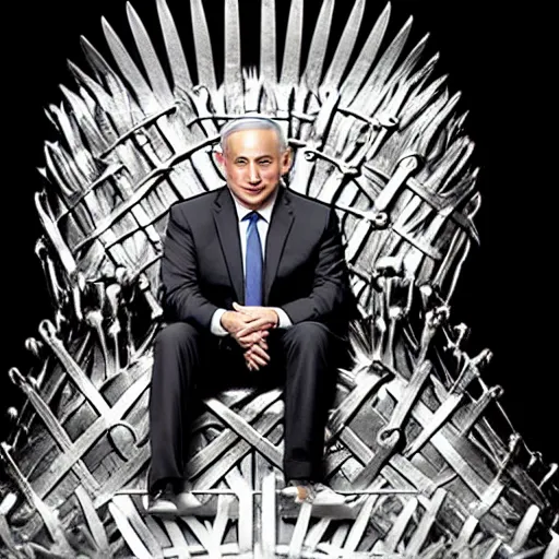 Image similar to “Benjamin Netanyahu sitting on the iron throne, 4k, award winning, Digital art, scene from game of thrones”
