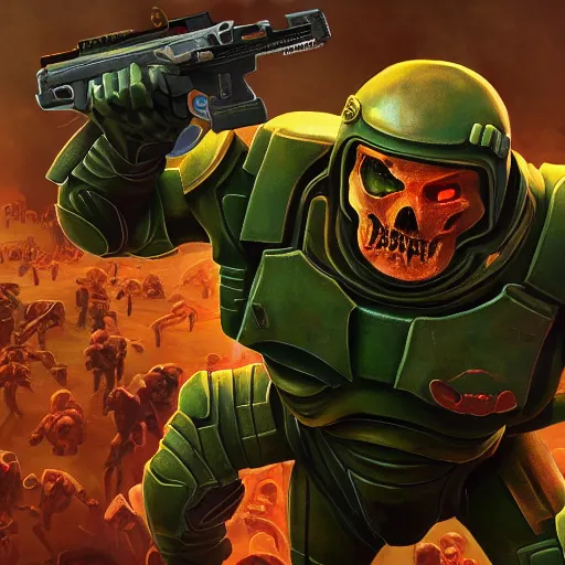 Image similar to doomguy in fornite, artstation hall of fame gallery, editors choice, # 1 digital painting of all time, most beautiful image ever created, emotionally evocative, greatest art ever made, lifetime achievement magnum opus masterpiece, the most amazing breathtaking image with the deepest message ever painted, a thing of beauty beyond imagination or words