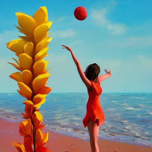 Image similar to portrait, giant rose flower head, girl dancing at the beach, surreal photography, sunrise, blue sky, dramatic light, impressionist painting, digital painting, artstation, simon stalenhag