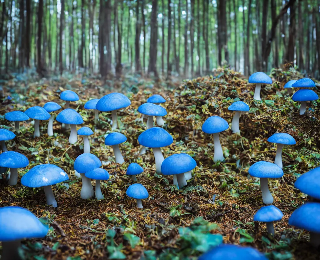 Image similar to blue forest, glowing mushrooms, sigma lens, strong bokeh, photography, highly detailed, 8 5 mm, f / 1. 3