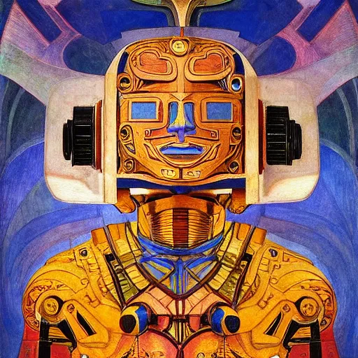 Prompt: the robot in her intricate mechanical mask, by annie swynnerton and diego rivera and kit williams and leo and diane dillon and nicholas roerich, symbolist, dramatic lighting, elaborate geometric ornament, art brut, god rays, soft cool colors, smooth, sharp focus, extremely detailed, adolf wolfli