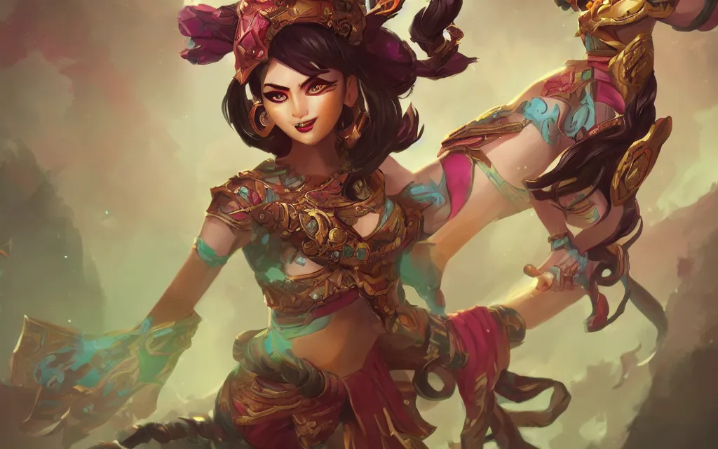 Prompt: league of legends character with burmese aesthetic, league of legends concept art featured on artstation, illustration by alex flores