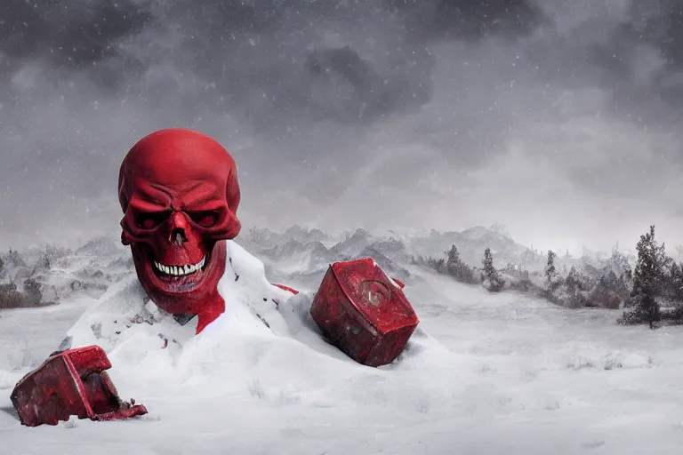 Image similar to a large red skull sitting in the middle of a snow covered field, a matte painting by pascal blanche, featured on behance, new sculpture, matte painting, apocalypse art, apocalypse landscape