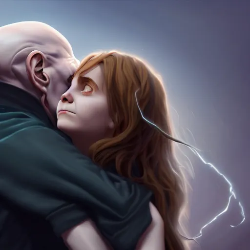 Prompt: voldemort hugging hermione, stylized, artstation, hd, cgsociety, cgi, realistic, dramatic, cinematic, artistic, trending, detailed