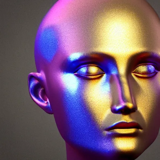 Image similar to 3d render of holographic human robotic head made of glossy iridescent, surrealistic 3d illustration of a human face non-binary, non binary model, 3d model human, cryengine, made of holographic texture, holographic material, holographic rainbow, concept of cyborg and artificial intelligence