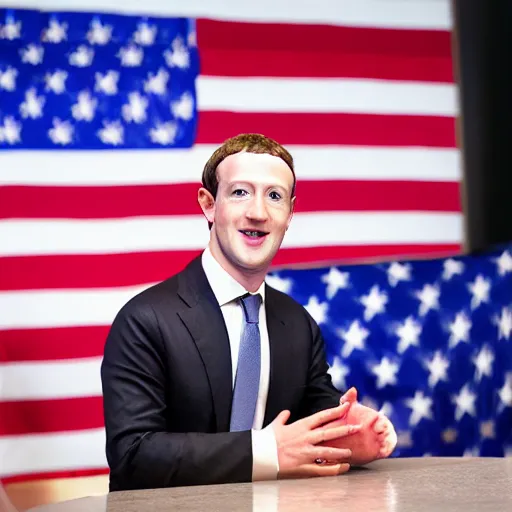 Image similar to Mark Zuckerberg the president of the united states wearing a black suit with a US Flag pin, EOS-1D, f/1.4, ISO 200, 1/160s, 8K, RAW, unedited, symmetrical balance, in-frame, Photoshop, Nvidia, Topaz AI