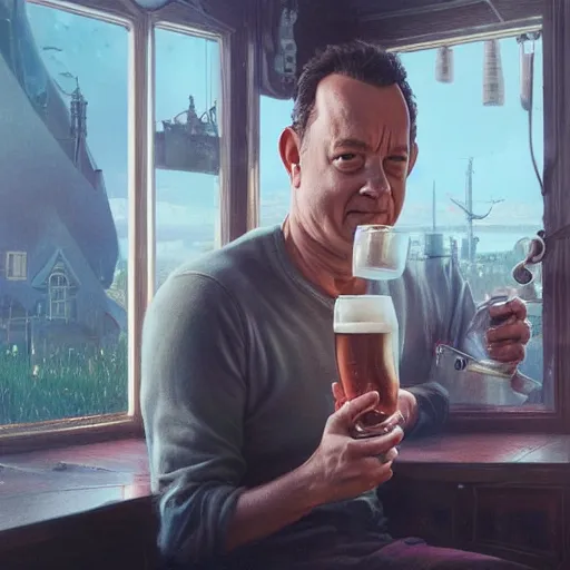 Image similar to tom hanks drinking a beer, highly detailed vfx portrait, unreal engine, greg rutkowski, loish, rhads, caspar david friedrich, makoto shinkai and lois van baarle, ilya kuvshinov, rossdraws, elegent, tom bagshaw, alphonse mucha, global illumination, detailed and intricate environment.