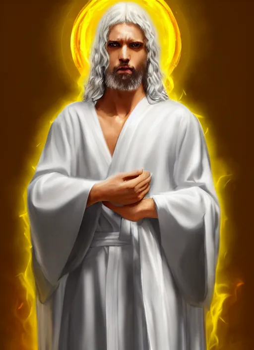 Image similar to « full length portrait of the white - haired jesus in a white robe and flaming yellow eyes, seven stars in right hand, grim - lighting, high - contrast, intricate, elegant, highly detailed, digital painting, artstation, concept art, smooth, sharp focus, illustration »