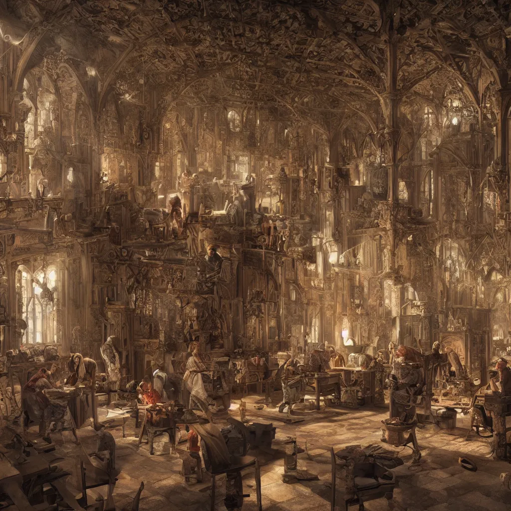 Image similar to photo of medieval craftsmen working inside a medieval building, hypermaximalistic, high details, cinematic, 8k resolution, beautiful detailed, insanely intricate details, artstation trending, octane render, unreal engine