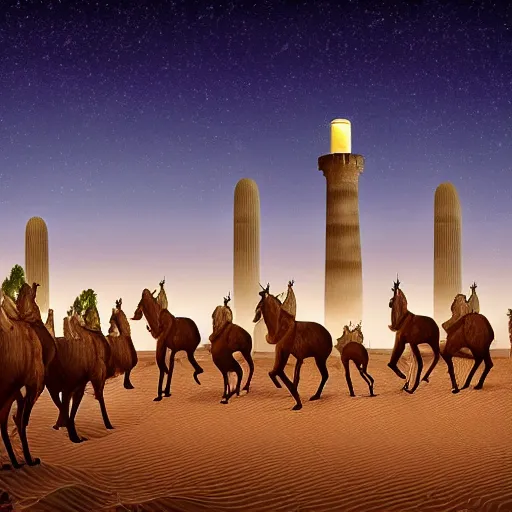 Image similar to desert at night filled with centaurs, tall white tower in the background, HD,