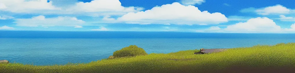 Prompt: Panorama view of the sky, looking out over the sea, Miyazaki Hayao, ghibli style, illustration, azure tones, vintage colors, large clouds visible, 50* degree up from the horizon, big cumulonimbus clouds