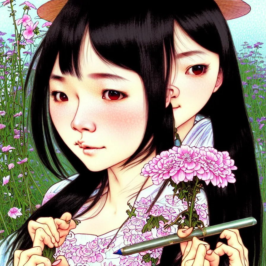 Image similar to closeup portrait of an innocent 18 year old lady from Vietnam wearing a pretty little dress with straight silky black hair, in a butcher shop, holding a butcher knife. insanely and epically detailed high-quality artwork with soft colors, exquisitely detailed soft shadowing, amazingly composed image, epic pencil illustration, by Range Murata and by Alphonse Mucha and by Katsuhiro Otomo.