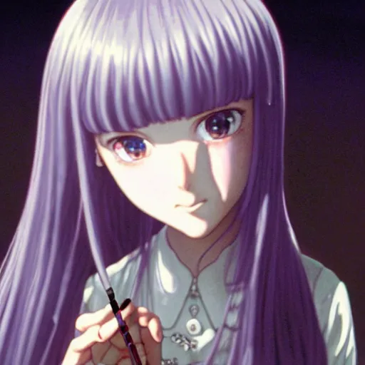 Prompt: IMAX film still of a portrait of a morbid 18 year old young woman wearing a dress of the soft aesthetic with wavy long hair, queen of sharp razorblades holds a single small sharp blade or a razor her hand and shows it to the user, by Range Murata, Katsuhiro Otomo, Yoshitaka Amano.