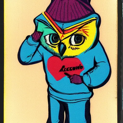 Image similar to anthropomorphic owl in a bright hoodie, holding polaroid camera, 9 0 - s fashion, polaroid photo, by warhol,