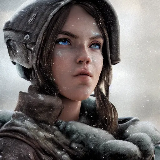 Image similar to A comic book style portrait painting of a stunning young woman ranger in a post apocalyptic winter landscape, unreal 5, DAZ, hyperrealistic, octane render, RPG portrait, ambient light, dynamic lighting