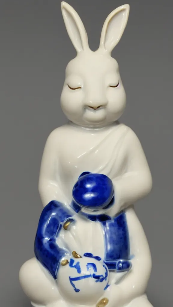 Prompt: porcelain rabbit head budda statue with blue arabesque details with a japanese kiseru in hand painted by john singer sargent