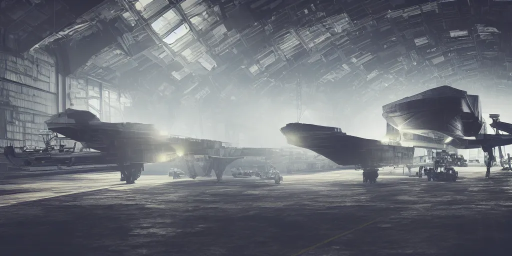 Prompt: space ship battle cruiser in the repair hangar, shallow depth of field, moody lighting, single point of light, 8 k, ultra realistic, octane render,