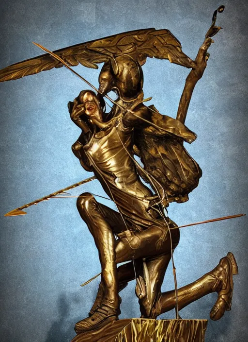 Image similar to An epic fantastic realism comic book style painting of a distressed bronze archery sculpture from the future by Stanislaw Szukalski, gilded colorful marbled paper background, winged archer, fisheye lens, unreal 5, DAZ, hyperrealistic, octane render, dynamic lighting