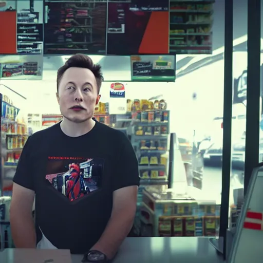 Image similar to Elon Musk manning a 7/11 cashier and wearing their uniform, macro, wide shot, dramatic lighting, octane render, hyperrealistic, HD