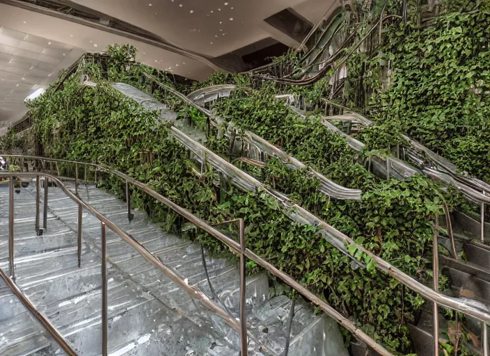 Image similar to an escalator in an abandoned mall in the 1 9 8 0 s, taken over by nature, covered in vines, nature style, hyperrealistic and beautiful painting, 8 k resolution, by hugh ferris and john smith, polished, fine detail, intricate, smooth, octane, concept art, trending on artstation