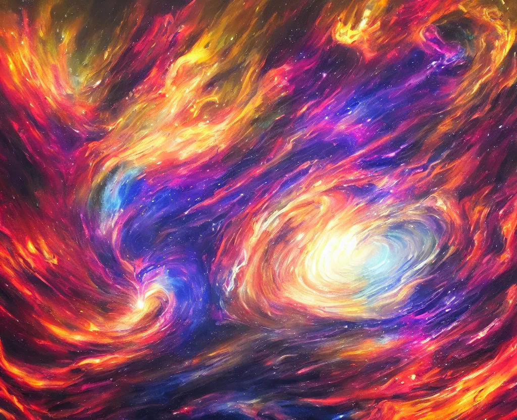 Image similar to an abstract oil painting of an unbelievably beautiful space nebula ; swirling sheets of light and fire ; hyper - detailed ; an extraordinary masterpiece!!! ; flawless ; trending on artstation