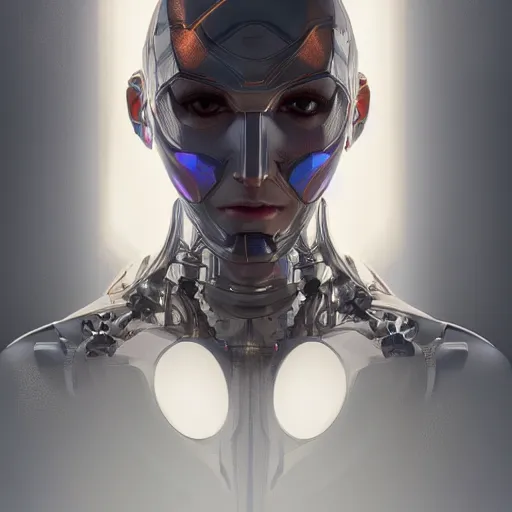 Image similar to headshot of humanoid robot from ex machina, intricate, headshot, highly detailed, digital painting, artstation, concept art, sharp focus, cinematic lighting, illustration, art by artgerm and greg rutkowski, alphonse mucha, cgsociety