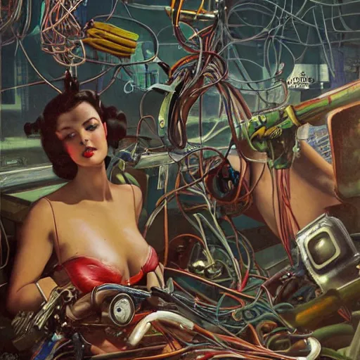 Prompt: Cyberpunk junkyard, organic tendrils and hanging cables, detailed painting by Gil Elvgren and Eric Stanton