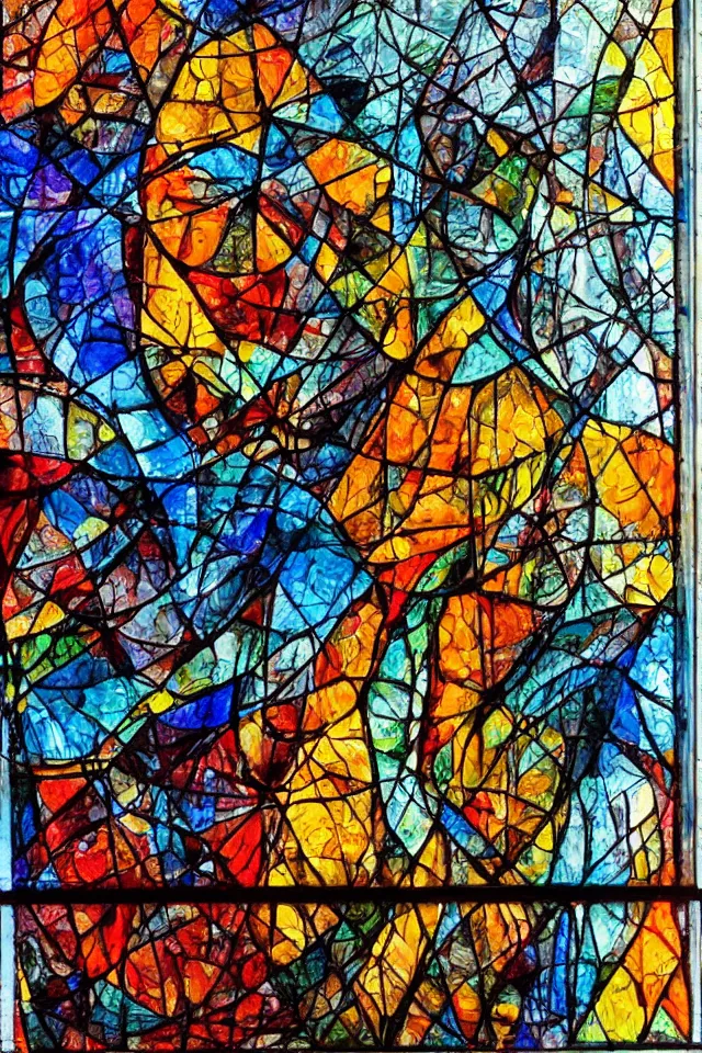 Prompt: Acrylic pouring on canvas, Fine Art, Modern Art, depicted in stained glass