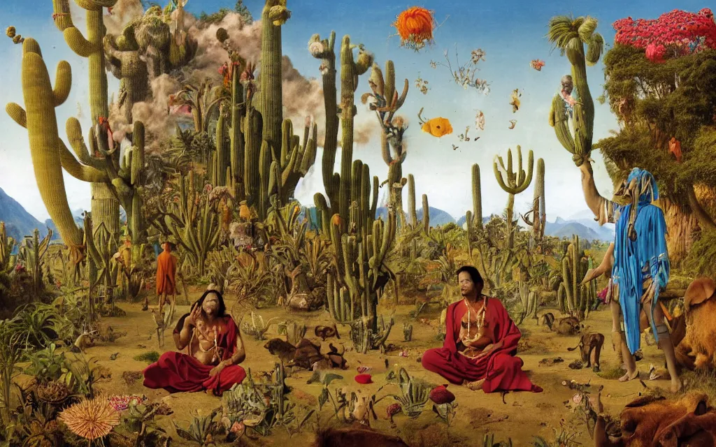 Image similar to a portrait photograph of a meditating elephant shaman and a elephant prince feeding tropical animals at a wide river delta. surrounded by bulbous flowers, animals, trees and cacti. mountain range under a vast blue sky of burning stars. painted by jan van eyck, max ernst, ernst haeckel and artgerm, cgsociety, artstation, fashion editorial