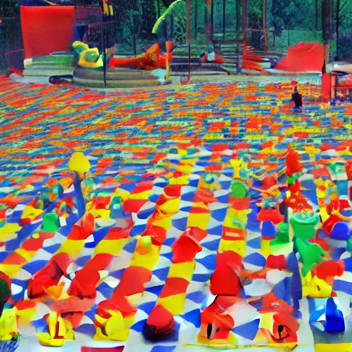 Prompt: colorful and bright chessboard on a playground made of children’s toys, award winning photography, wide shot, vintage 70s scanned magazine ad