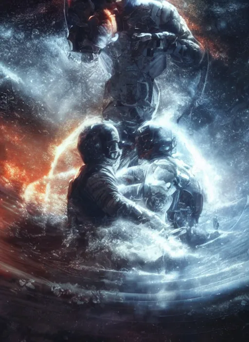 Prompt: concept art by craig mullins infrared complex and hyperdetailed astronauts hugging in futuristic dark and empty spaceship underwater. reflection and dispersion materials. rays and dispersion of light. volumetric light. 5 0 mm, f / 3 2. noise film photo. flash photography. unreal engine 4, octane render. interstellar poster. dramatic light.