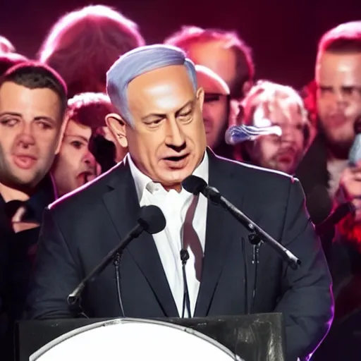 Image similar to benjamin netanyahu singing in the eurovision in front of a band, stage lighting, sharp focus, highly detailed