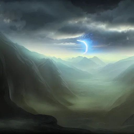 Prompt: a dark cloudy hand in the sky trying to reach the ground in a valley, matte painting, fantasy art