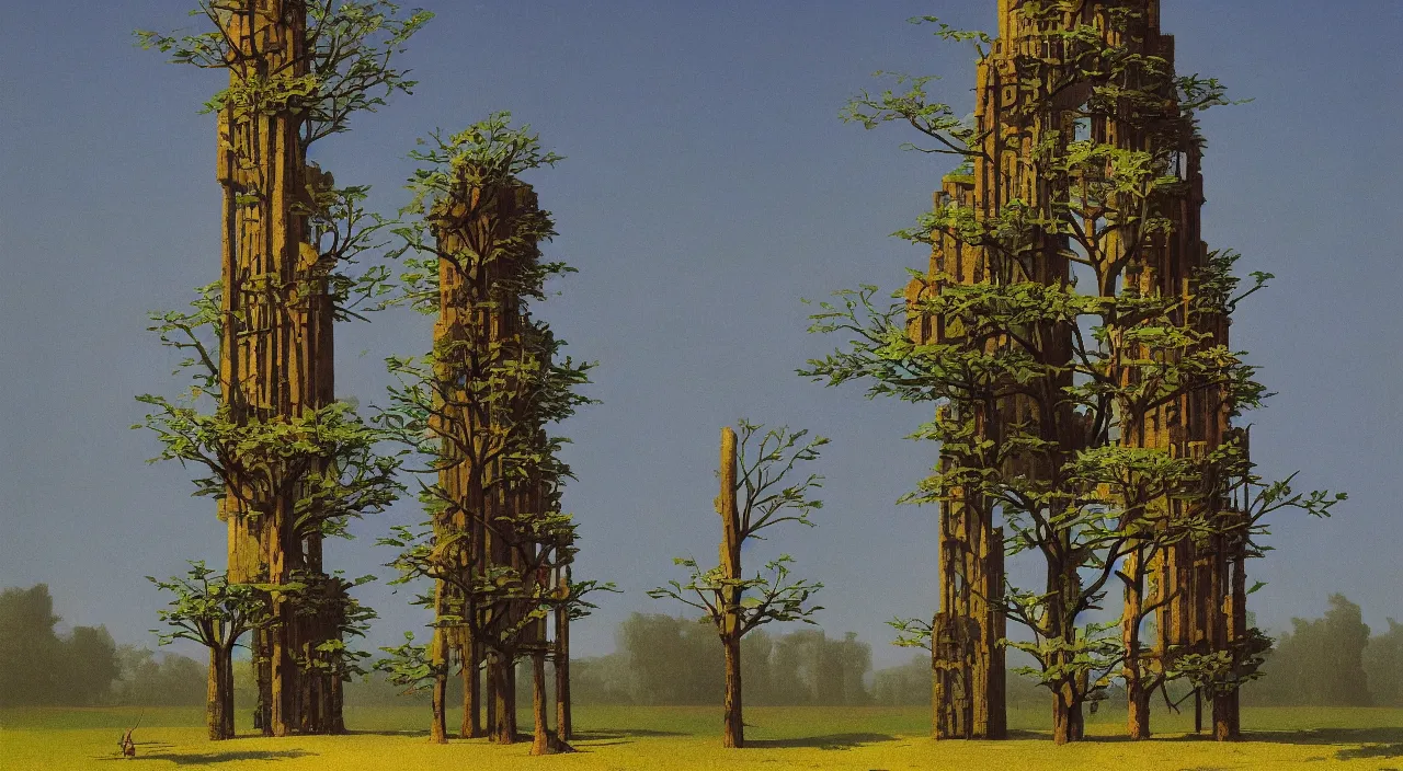 Image similar to single flooded simple deformed tree tower!, very coherent and colorful high contrast!! masterpiece by rene magritte simon stalenhag carl spitzweg syd mead norman rockwell edward hopper james gilleard, minimalist, dark shadows, sunny day, hard lighting