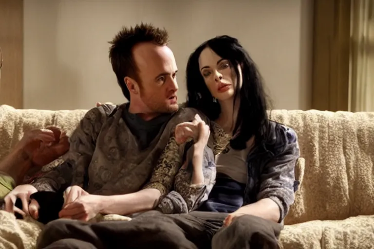 Image similar to a photo of jessie pinkman and jane margolis holding hands watching tv on the sofa, breaking bad, cinematic