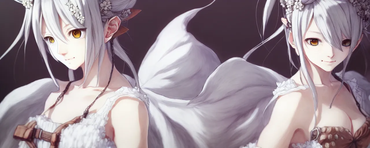 Image similar to a portrait of nekomimi wearing white dress an ultrafine detailed painting, detailed painting, detailed eyes!!, final fantasy octopath traveler realistic hands ghibly