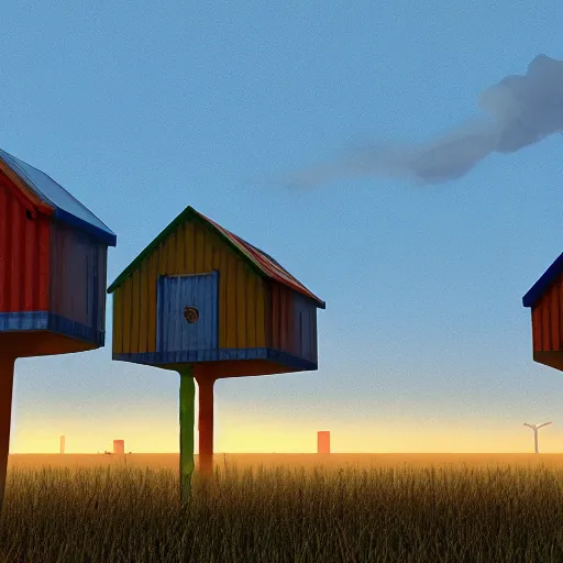 Image similar to glue houses, vaponpunk, sunset, 8k, soft light, ray tracing, wet ground