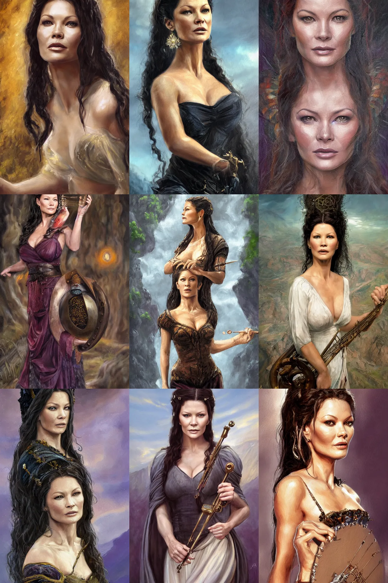 Prompt: a full body high detail fantasy portrait oil painting illustration of catherine zeta - jones as a beautiful young sophisticated singing bard woman by justin sweet with face and body clearly visible, in a scenic background, pupils visible, realistic proportions, d & d, rpg, forgotten realms, artstation trending, high quality, sombre mood, artstation trending, muted colours, entire person visible!