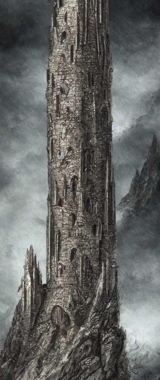 Image similar to lord of the rings high medieval tower with dark stones. the tower is on a hill. there are stone ruins at the bottom. a dark forest is all around the tower. illustration on artstation