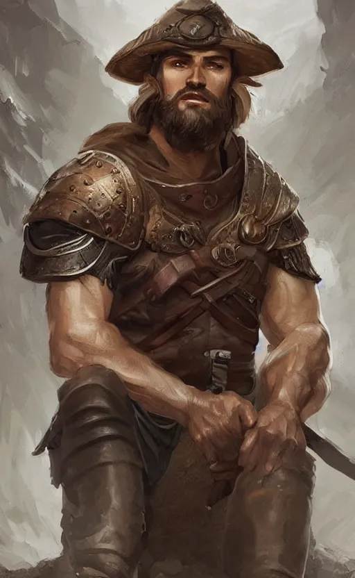 Image similar to Portrait of a rugged ranger sitting down, male, muscular, straight nose!!!, detailed face, handsome face, bare thighs!!!, simple clothing!!!!!, fantasy, medieval, highly detailed, cinematic lighting, digital art painting by jia ruan