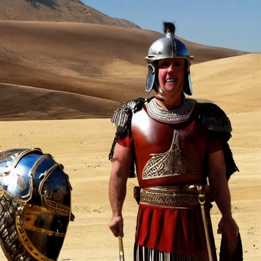 Image similar to joe biden wearing a roman helmet whilest standing infront of a roman army in the desert.