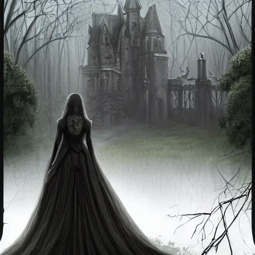 Prompt: woman in cape approaching mystical baroque castle in haunted swamp surrounded by dense forest with vines, creepy ambiance, desaturated, highly detailed, sharp focus, brutalist architecture, by artgerm, cgsociety