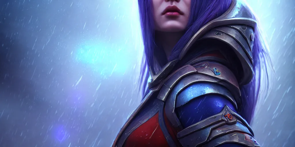 Image similar to ( ( ( ( ( hyperrealist distant portrait of sylvanas windrunner on a blue planet where it rains colors. ) ) ) ) ) by bayard wu, fantasy, photorealistic, octane render, unreal engine, dynamic lighting, trending on artstation, poster, volumetric lighting, very detailed faces, 4 k, award winning