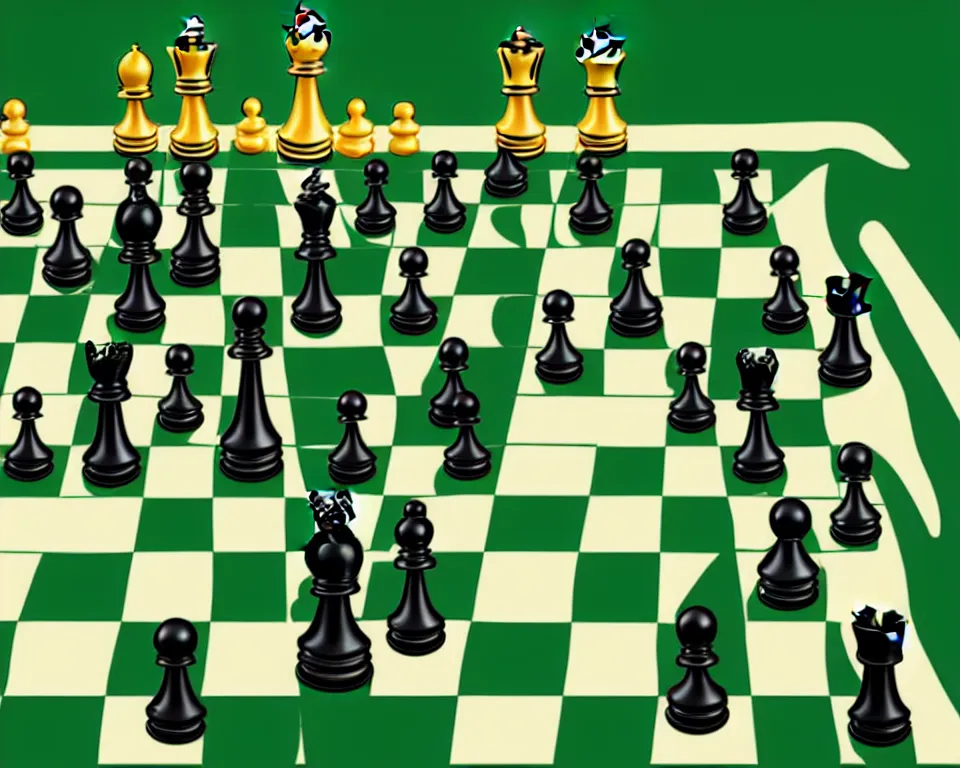 Prompt: a modern, ornate chess set on a green background. pop art, detailed, proportional, romantic, enchanting