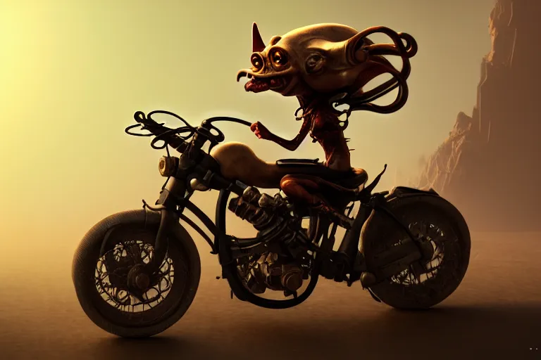 Image similar to a goblin riding a steampunk motorcycle, volumetric light, hyperdetailed, artstation, cgsociety, 8k