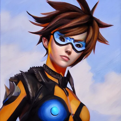 Image similar to oil painting of tracer overwatch in a field wearing spiked collar around neck, in style of steve henderson, wearing black choker, expressive face, detailed face, detailed eyes, full body, feminine face, tracer overwatch,