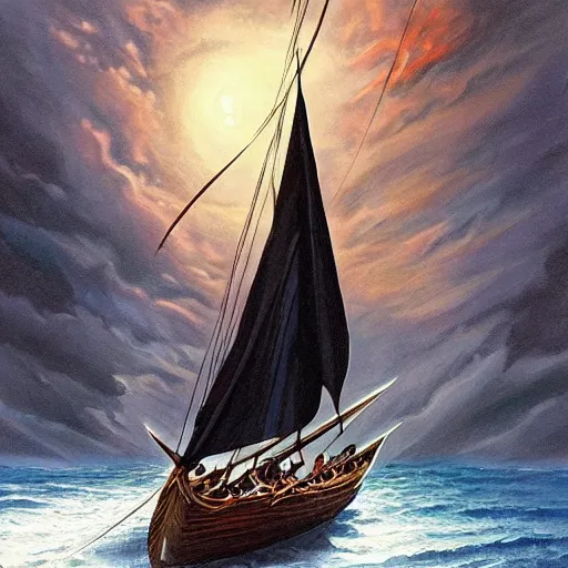 Image similar to a black bird standing at the helm of a wooden rowboat filled with dnd fighters sailing towards a ancient sailboat, painting by artgerm and Jeff Easley