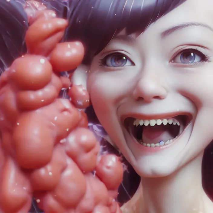 Prompt: portrait of the popular girl laughing at the viewer, by Katsuhiro Otomo, Yoshitaka Amano, Nico Tanigawa, and Artgerm rendered with 3D effect.