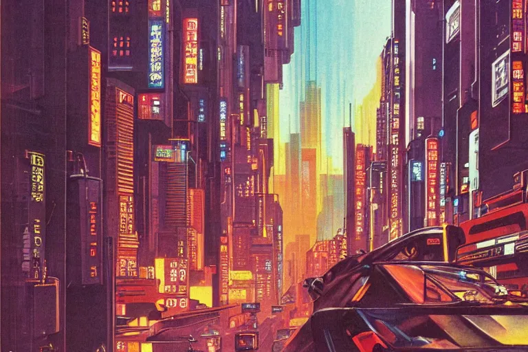 Prompt: 1979 Popular Science Magazine Cover of neo-Tokyo at street level, city in cyberpunk style by Vincent Di Fate