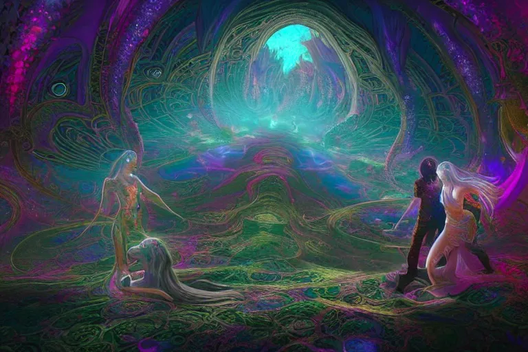 Prompt: a psychedelic realm at the edge of existence where intensely creative astral beings live, the astral beings are holding each other to share love, in the style of WLOP, illustration, epic, fantasy, hyper detailed, smooth, unreal engine, sharp focus, ray tracing